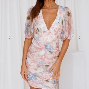 Floral V-Neck Puff Sleeve Dress